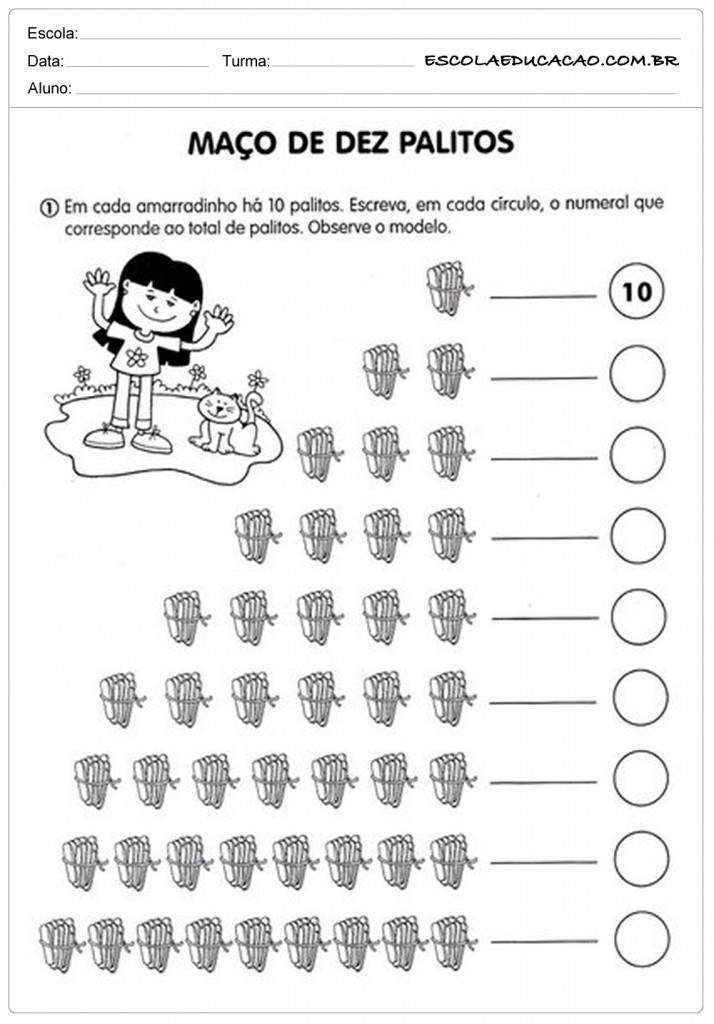 Atividades com Numerais - Maço de Dez Palitos