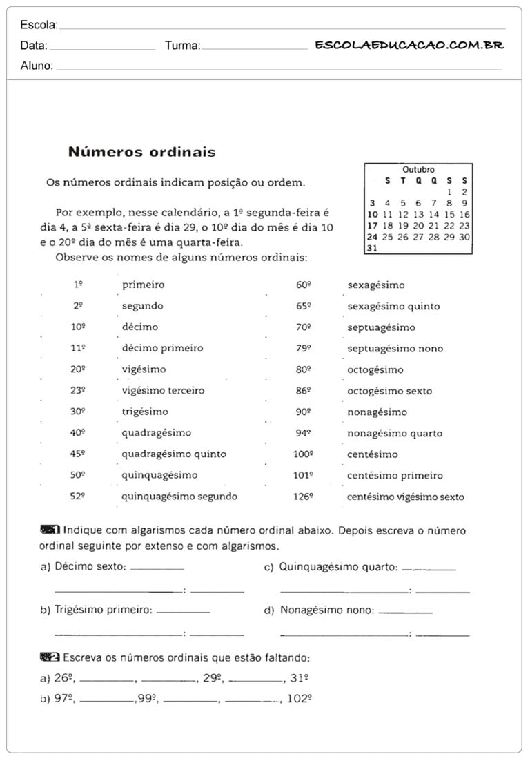 Atividades N Meros Ordinais Ano Ensino Fundamental Para Imprimir