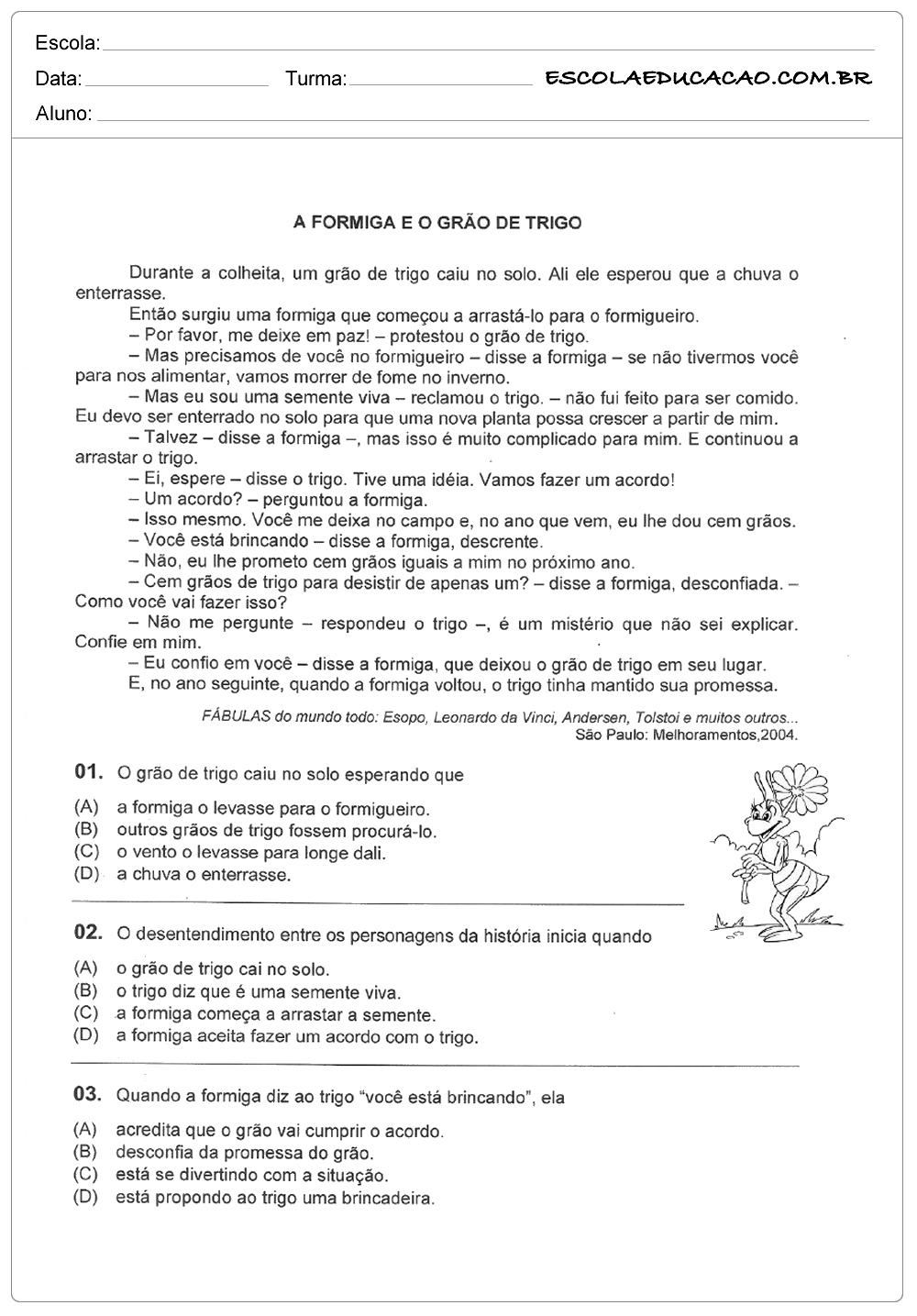 Interpretação De Texto Para 8 E 9 Ano Com Gabarito