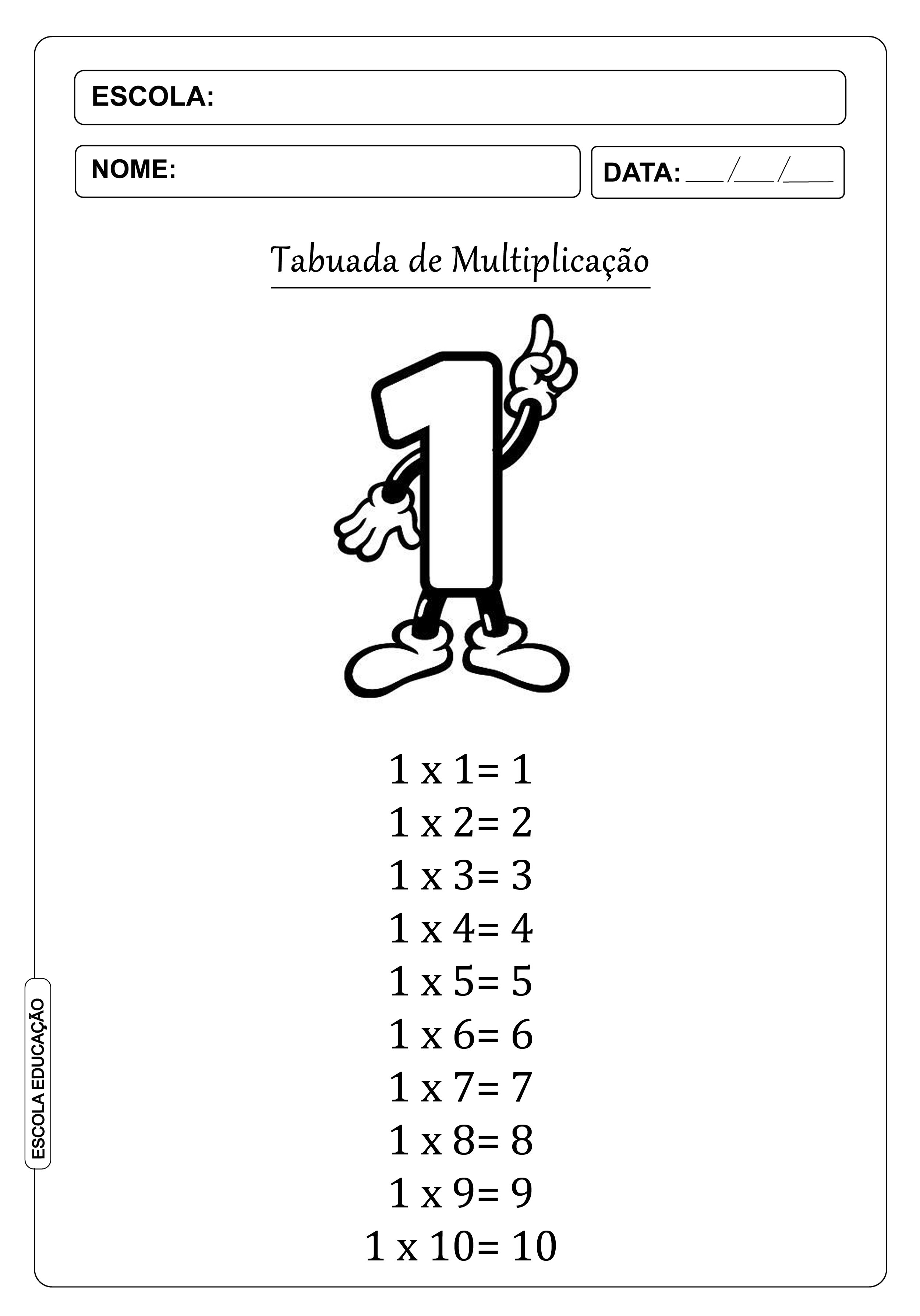 Tabuada Para Imprimir: Com Resultados. Contas de Multiplicação do 1 ao 9.  Material Didatico Para Professores, Pais e Alunos.