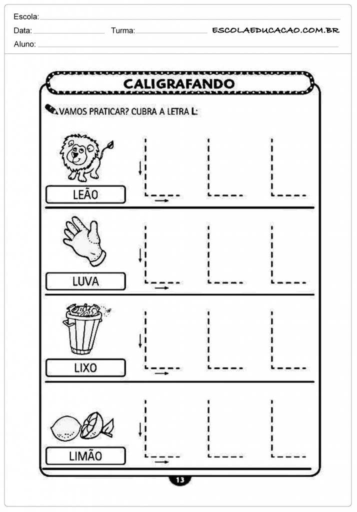 Imprimir atividade de caligrafia letra L