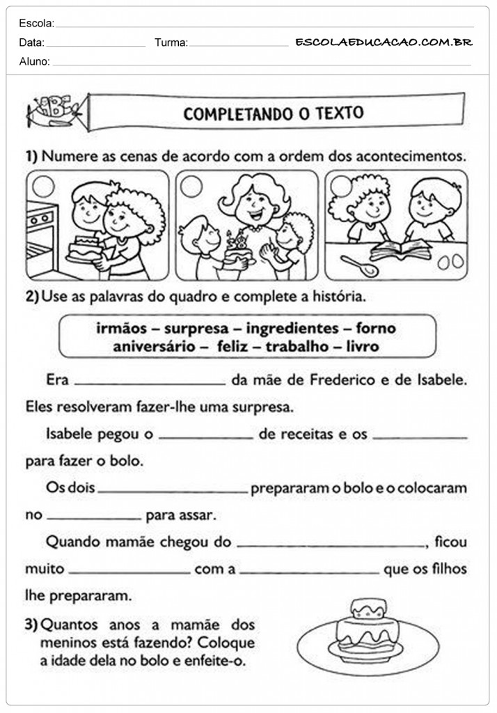 Atividades de Português 2º ano - Completando o Texto