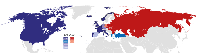 Países membros da OTAN (tons de azul) e do Pacto de Varsóvia (tons de vermelho).