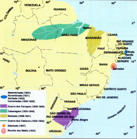 Mapa do local das principais  rebeliões regenciais, inclusive a Balaiada