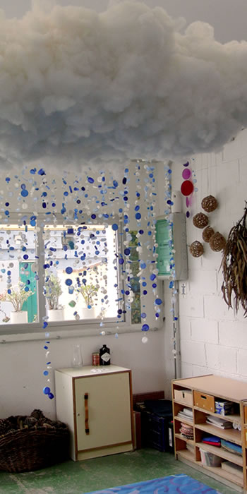 Fazendo nuvens dentro da sala de aula com balões e algodão