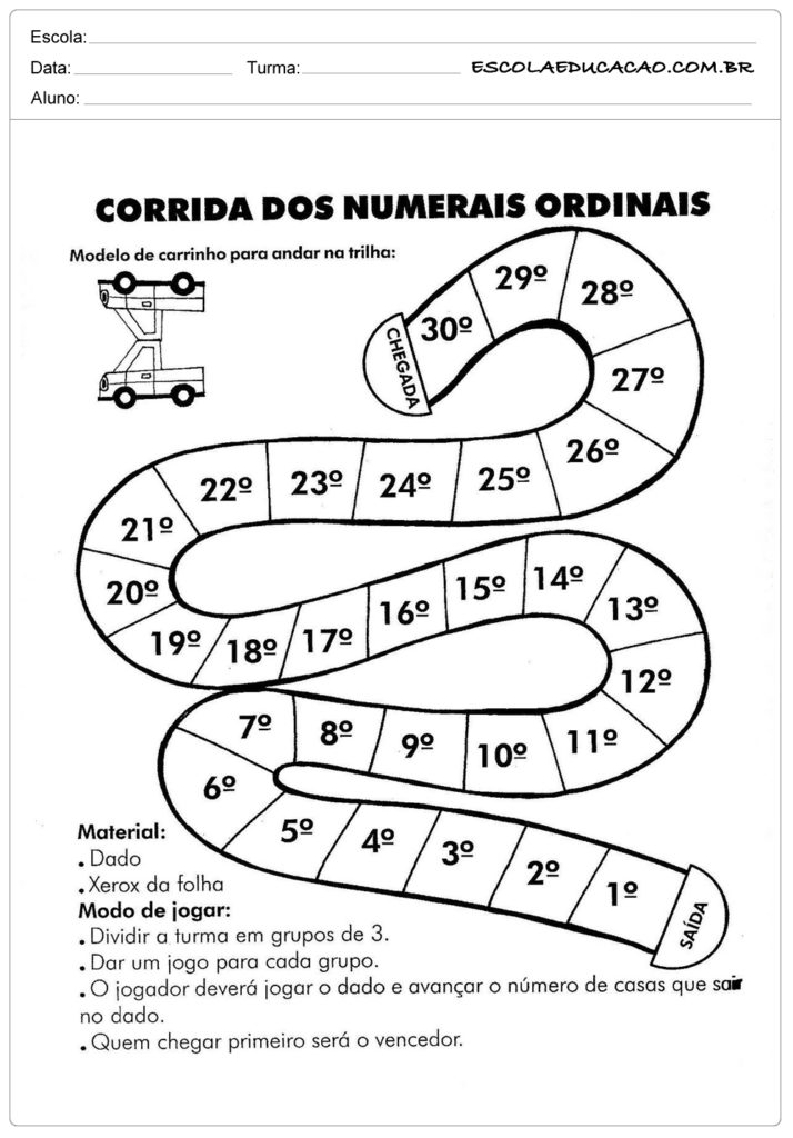 Atividades com Números Ordinais para Alfabetização - Corrida de número ordinais