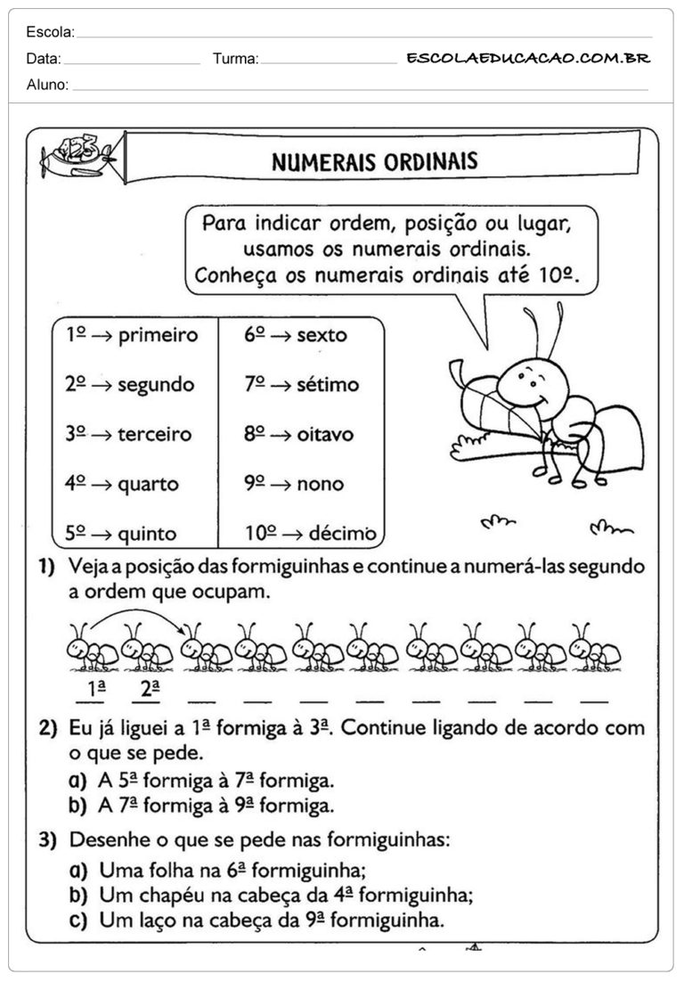 Atividades N Meros Ordinais Ano Ensino Fundamental Escola Educa O