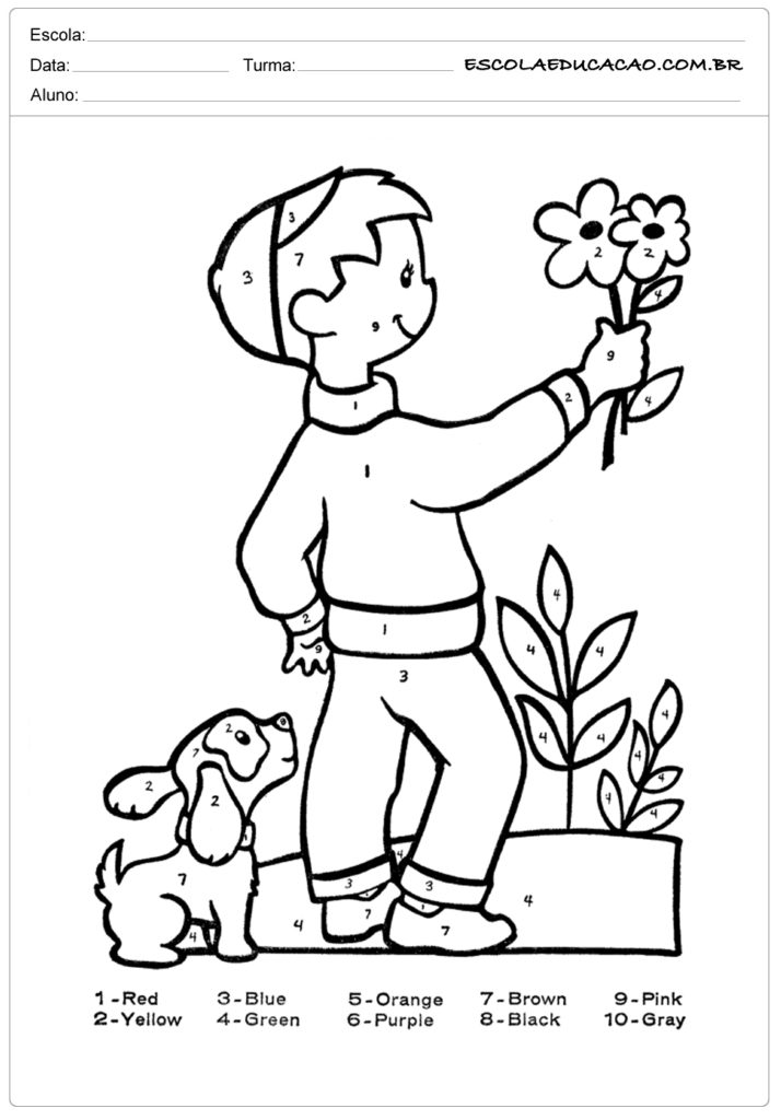 Atividade de inglês criança segurando uma flor