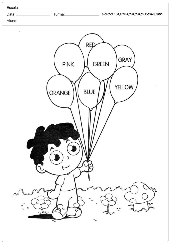 Atividade de inglês menino segurando balão