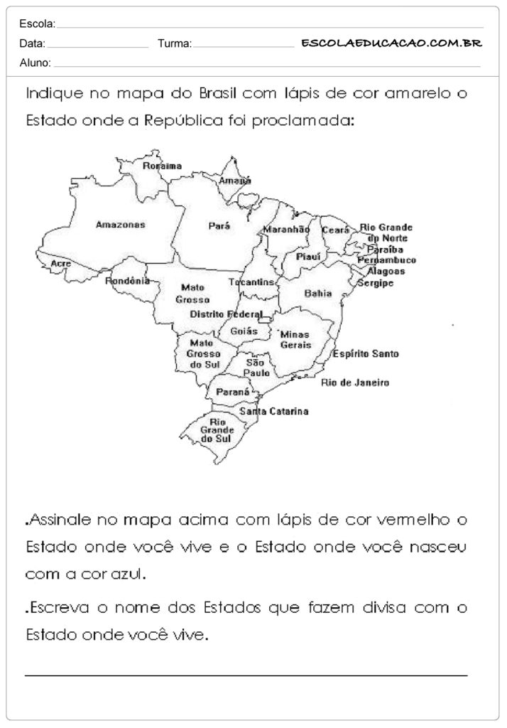 Atividades Proclamação da República 4° ano indique no mapa