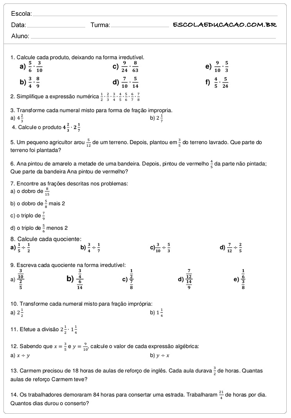 Atividade De Matematica 6 Ano Para Imprimir - EDULEARN