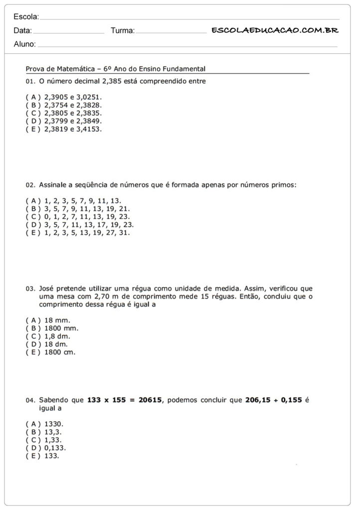 Atividades De Matemática Para 6º Ano - Clickandgo