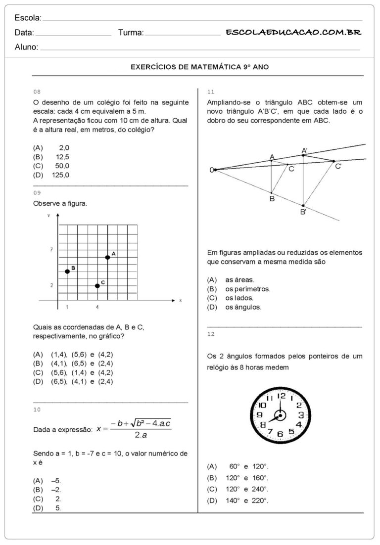 Atividades de Matemática 9º ano - Atividades Educativas - Escola Educação