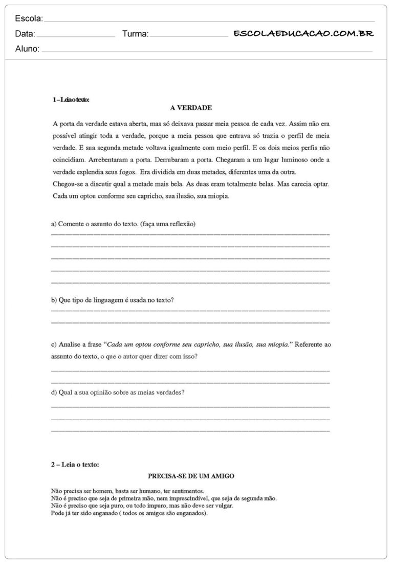 Atividades de interpretação de texto 9º ano - Atividades Educativas ...