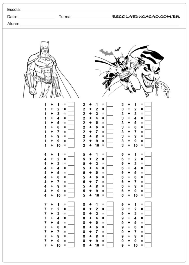 Atividade de tabuada para imprimir tabuada de adição do Batman