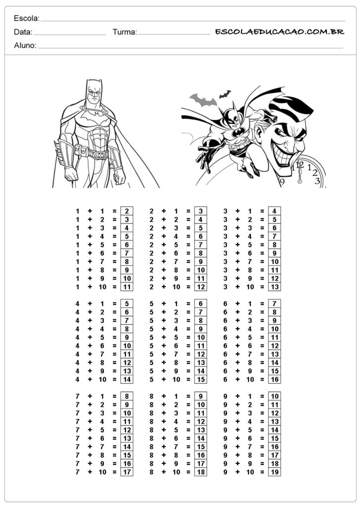 atividade de tabuada para imprimir tabuada de adição do Batman respondida