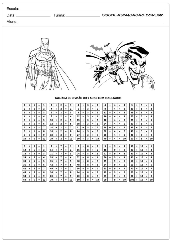Atividade de tabuada para imprimir tabuada de divisão do Batman