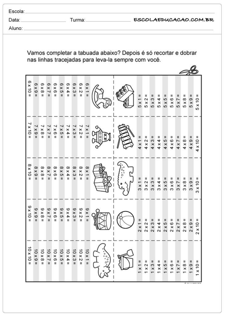 Atividade de tabuada para imprimir vamos completar