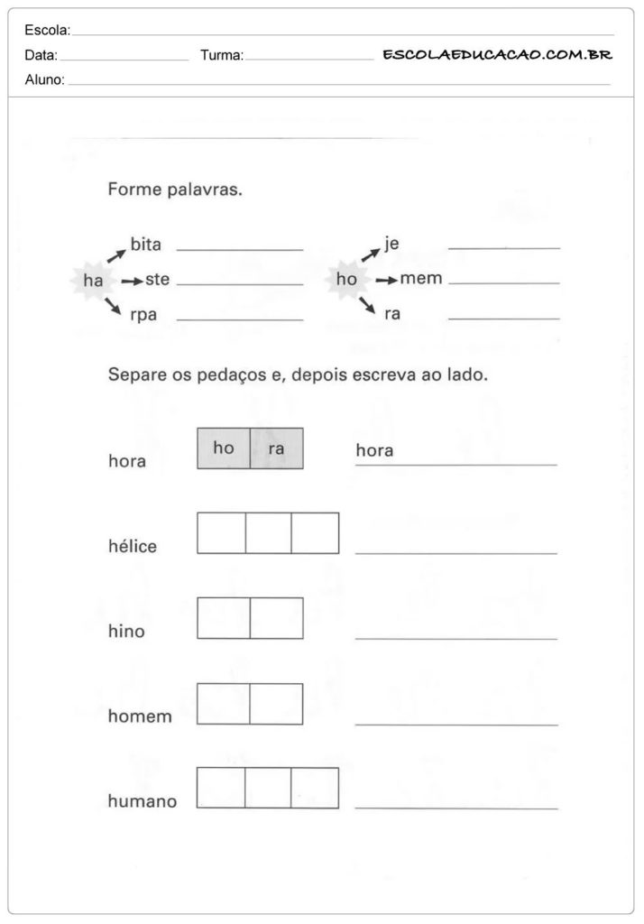 Atividade Letra H - Forme as Palavras