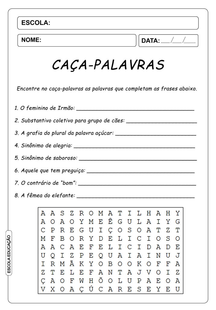 Atividades de Caça-Palavras 3º ano - Português