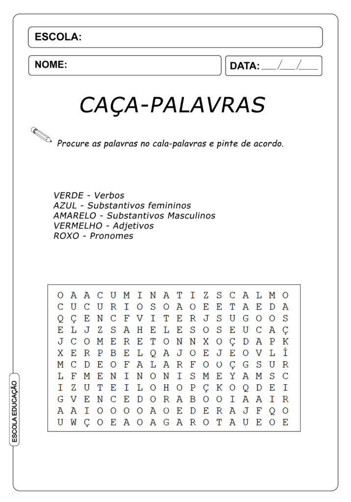 Atividades Caça Palavras 4º ano - Pinte as Palavras de Acordo - Caça-Palavras de Português