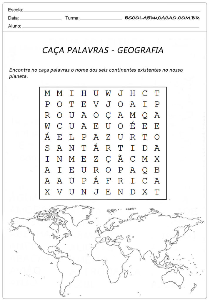 Atividade de Caça Palavras Geografia - Atividades sobre continentes