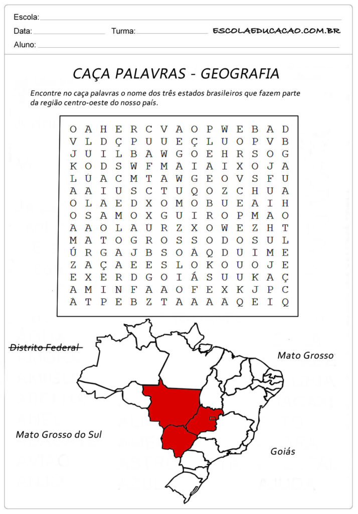 Atividade de Caça Palavras Geografia - Caça Palavras Estados Brasileiros (Centro-Oeste)
