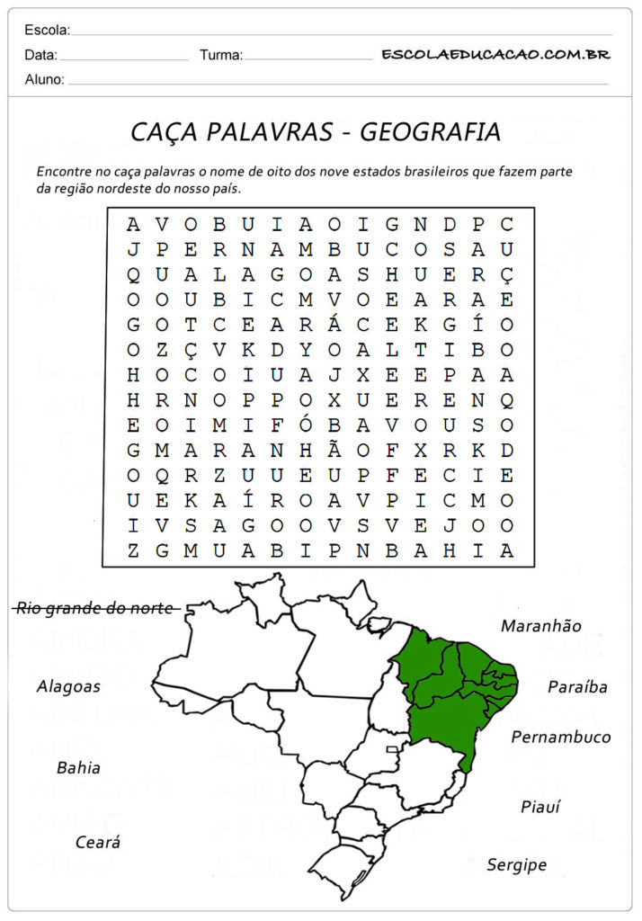 Atividade de Caça Palavras Geografia - Caça Palavras Estados Brasileiros (Nordeste)