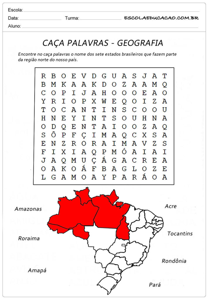 Atividade de Caça Palavras Geografia - Caça Palavras Estados Brasileiros (Norte)