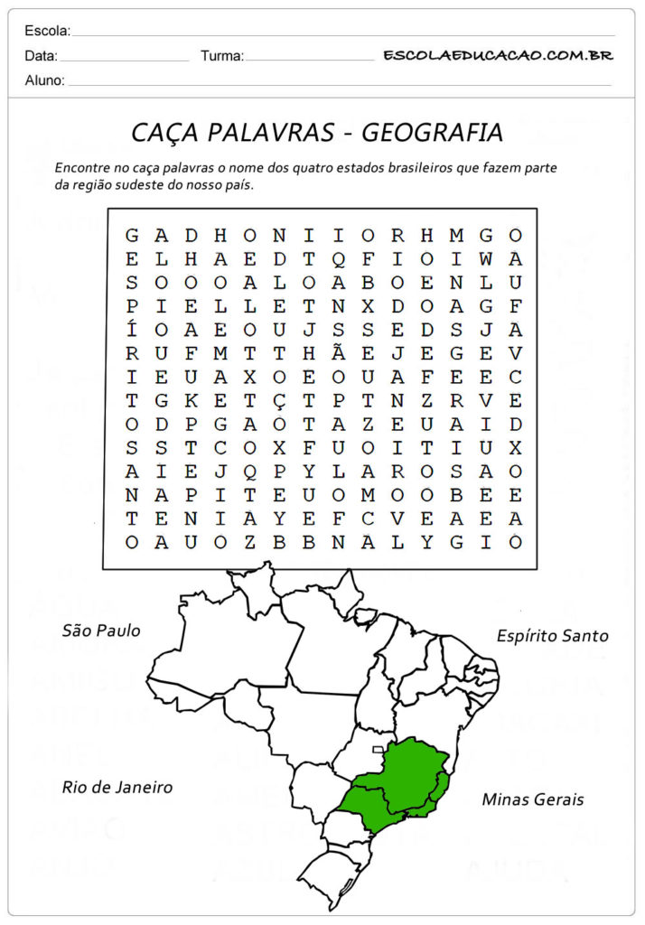 Atividade de Caça Palavras Geografia - Caça Palavras Estados Brasileiros (Sudeste)