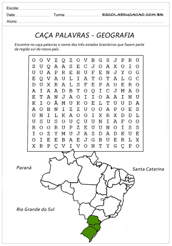 Atividade de Caça Palavras Geografia - Caça Palavras Estados Brasileiros (Sul)