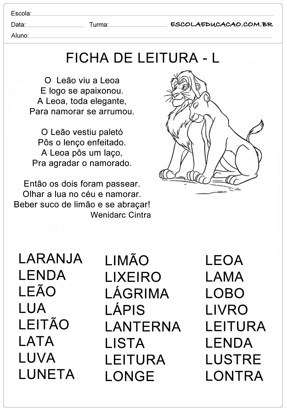 Ficha de Leitura Letra  L – Leão