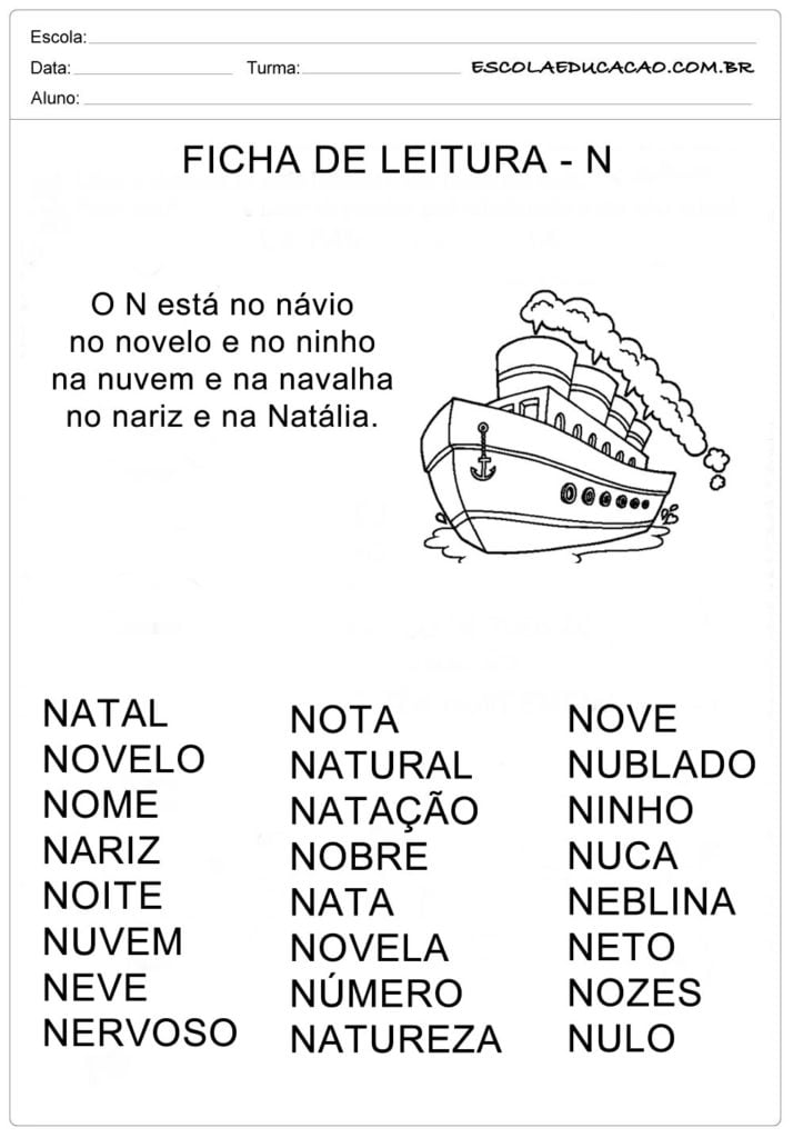 Ficha de Leitura Letra N - Navio