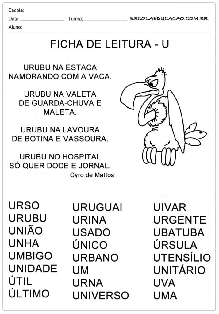 Ficha de Leitura Letra U - Urubu