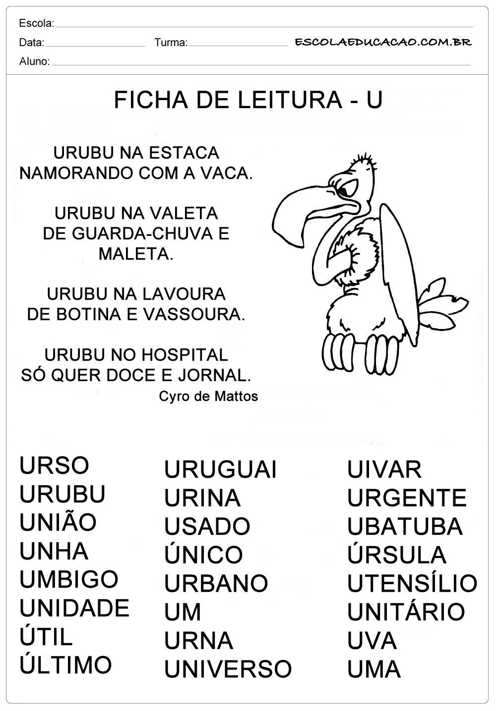 Ficha de Leitura Letra U – Urubu