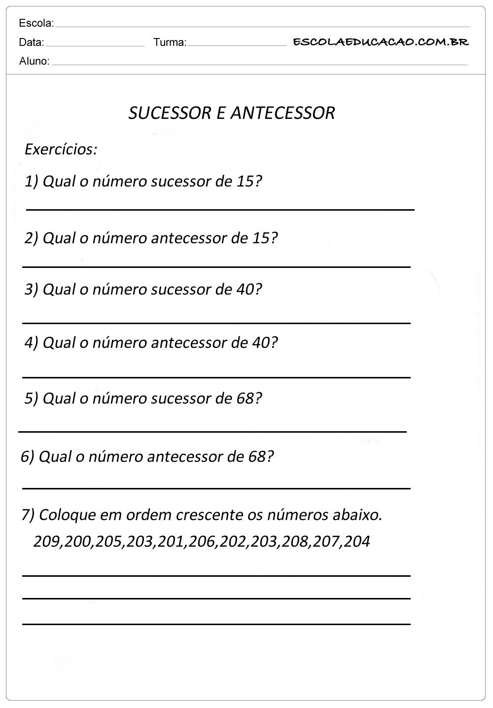 Atividade Sequência Numérica – Sucessor e Antecessor