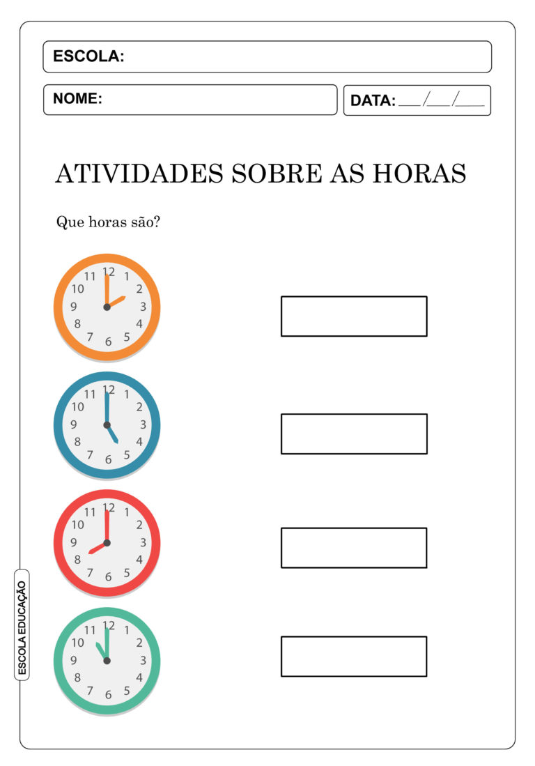 Atividades com Horas e Minutos - Para Imprimir - Escola Educação