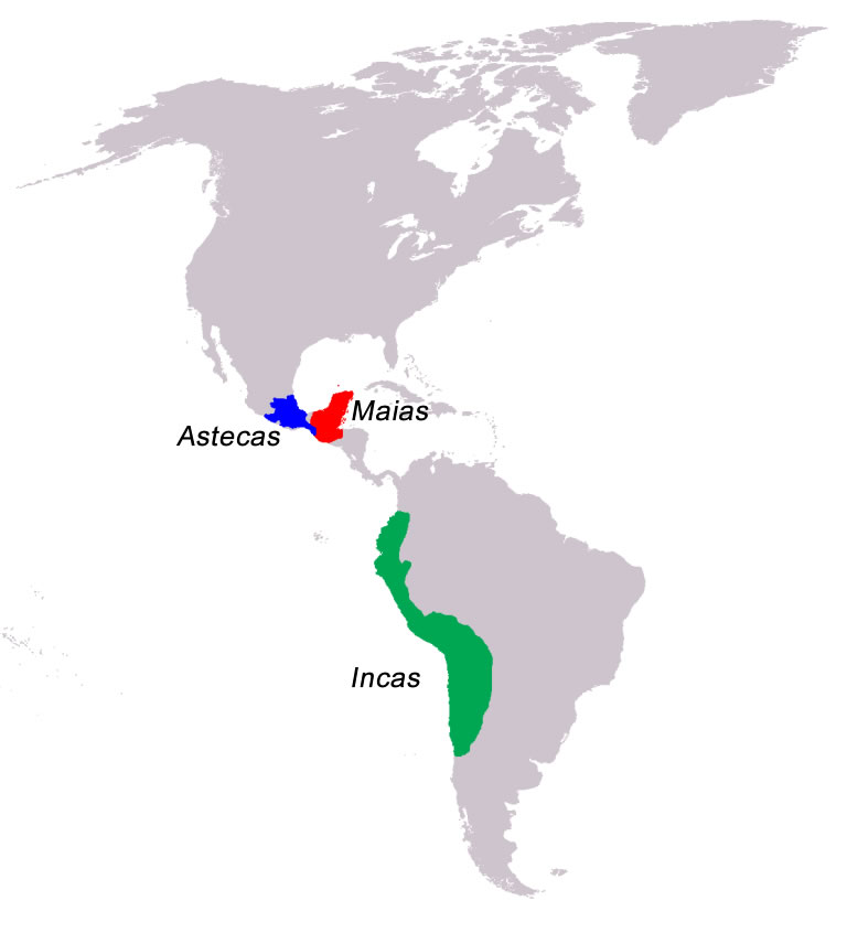 Mapa indicando a localização das civilizações Incas, Maias e Astecas