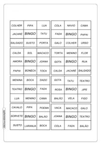 Bingo de Palavras Simples para Imprimir - Alfabetização
