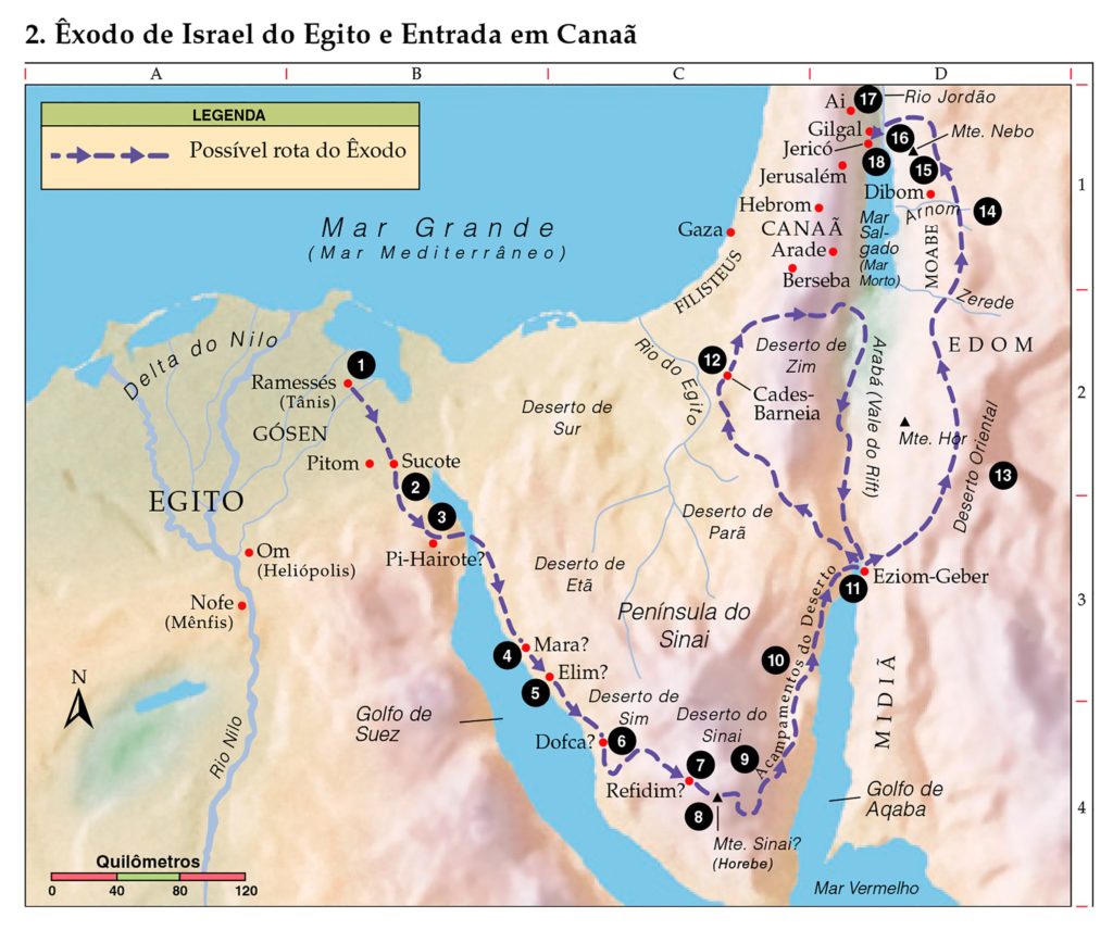 Mapa Êxodo de Israel do Egito e entrada em Canaã