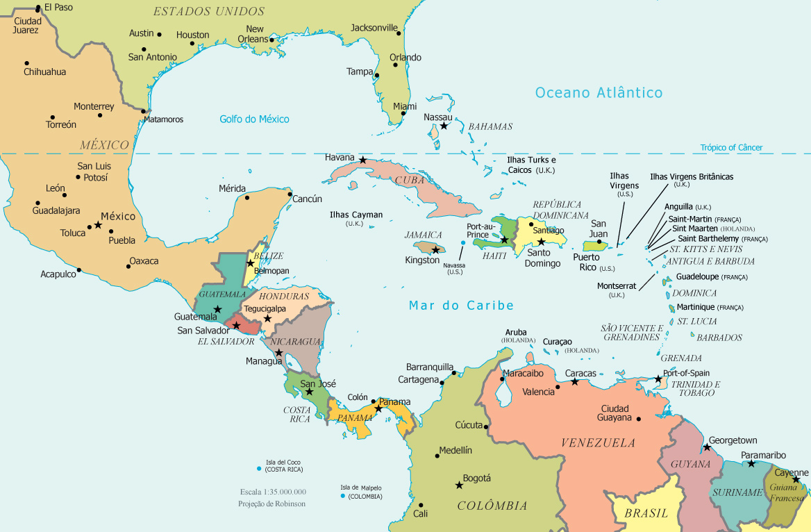 Países da América Central e suas Capitais - Localização, Mapa