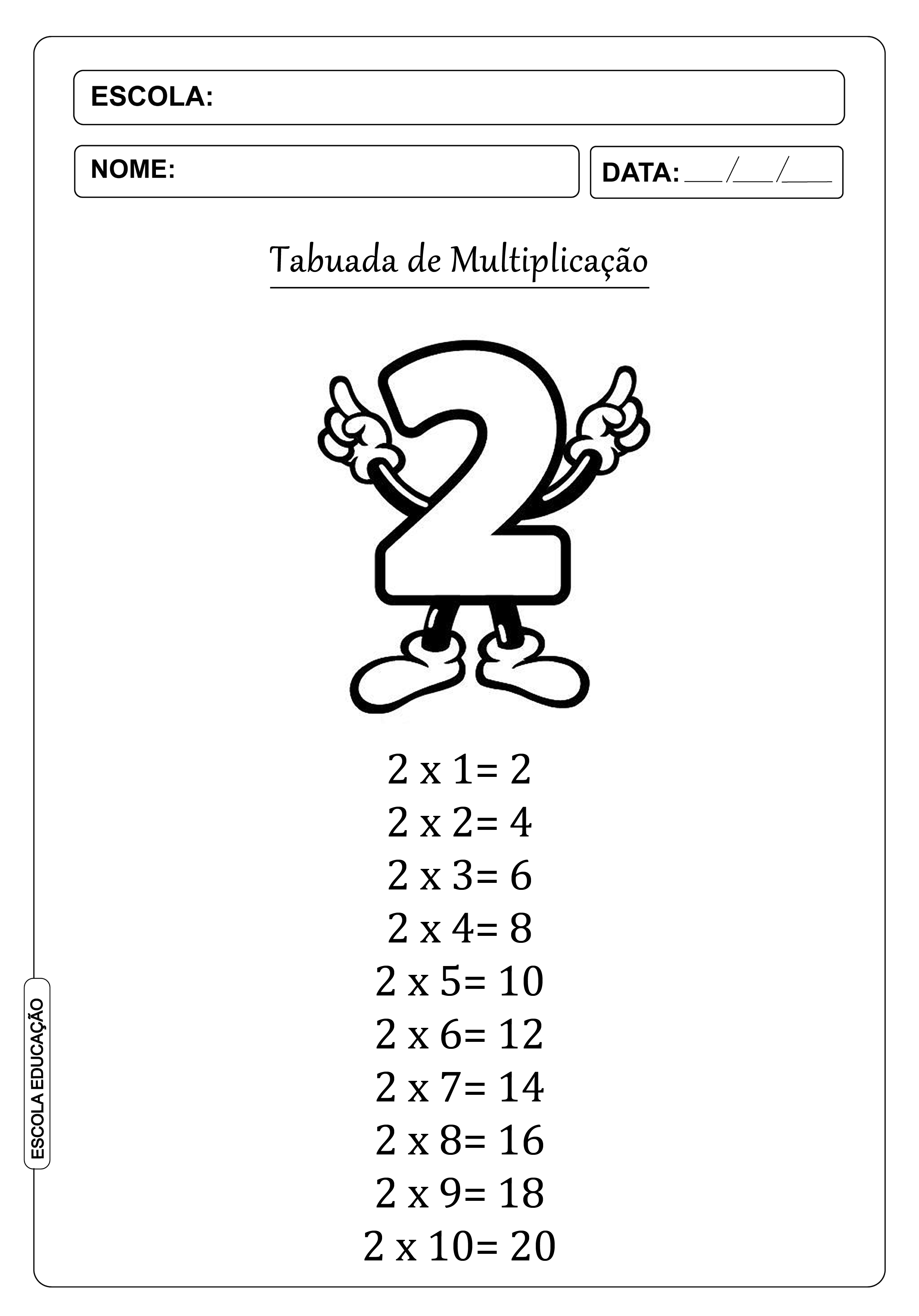 Tabuada De Multiplicacao Para Imprimir 2 Escola Educação