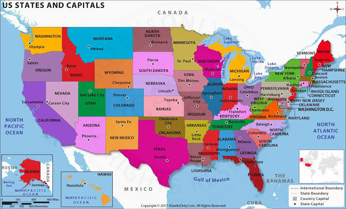 Mapa dos Estados Unidos com estados e capitais 