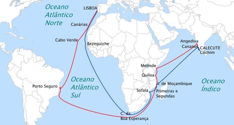 Périplo Africano - A linha azul corresponde ao caminho feito por Vasco da Gama