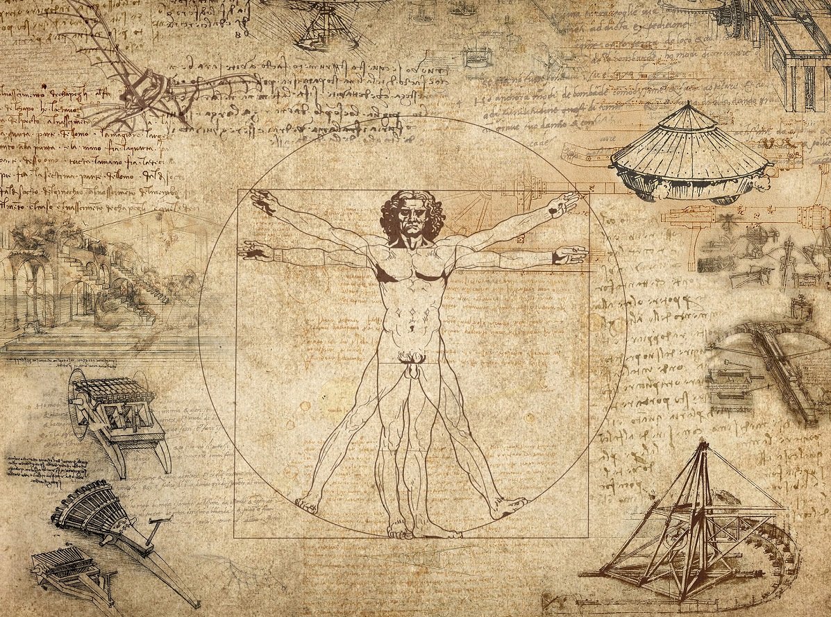Homem Vitruviano (desenhado por Leonardo da Vinci) - Retrata a perfeição das proporções do corpo humano. Essa imagem representa a valorização do ser homem no período do Renascimento.