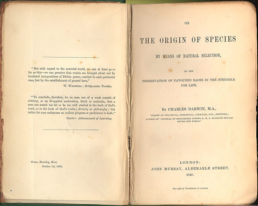 Darwinismo - Primeira edição do livro "The origin of species" de Charles Darwin, livro que revolucionou a teoria da evolução das espécies.