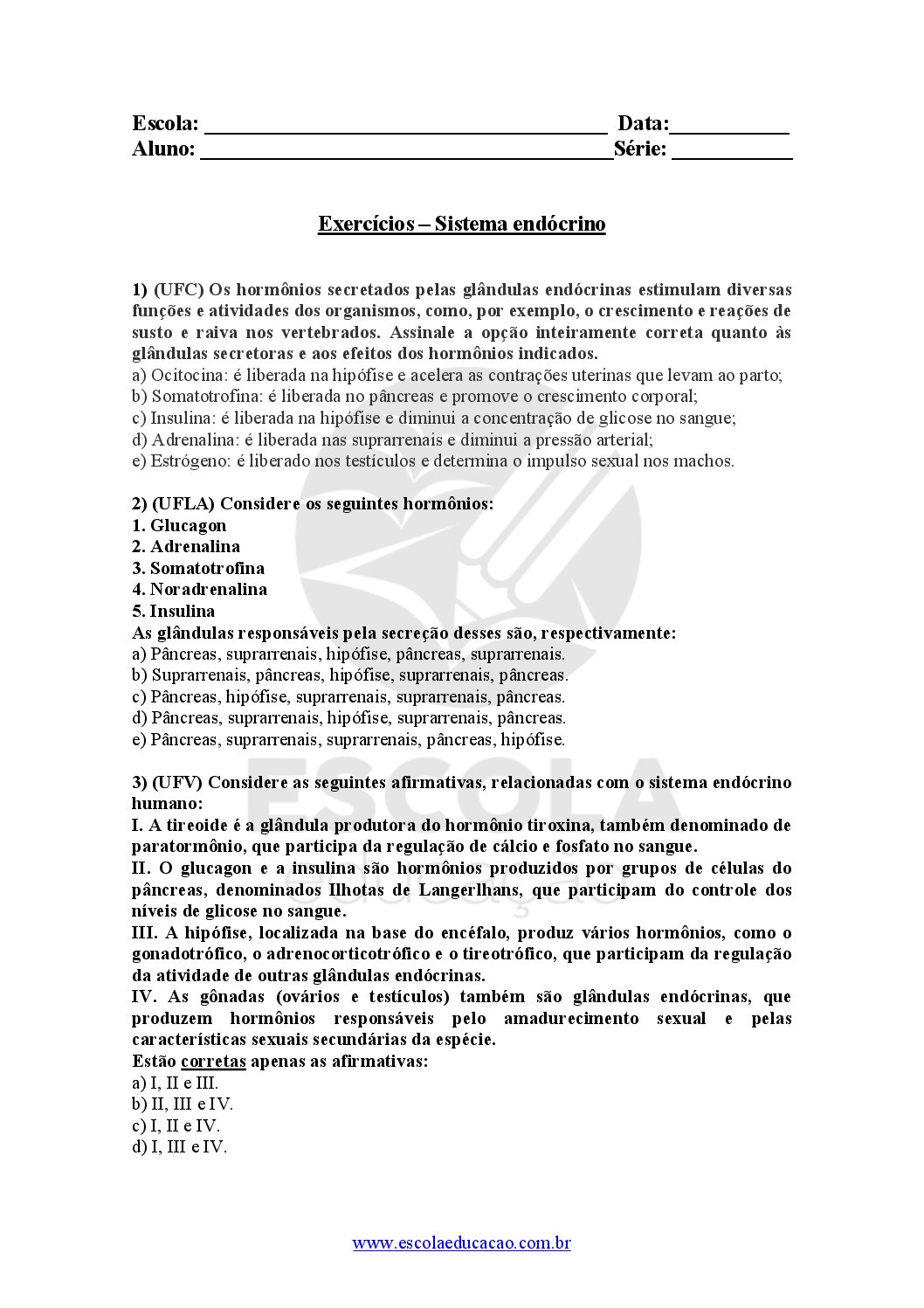 Exercícios Sobre Sistema Endócrino 8 Ano Com Gabarito - BRAINCP