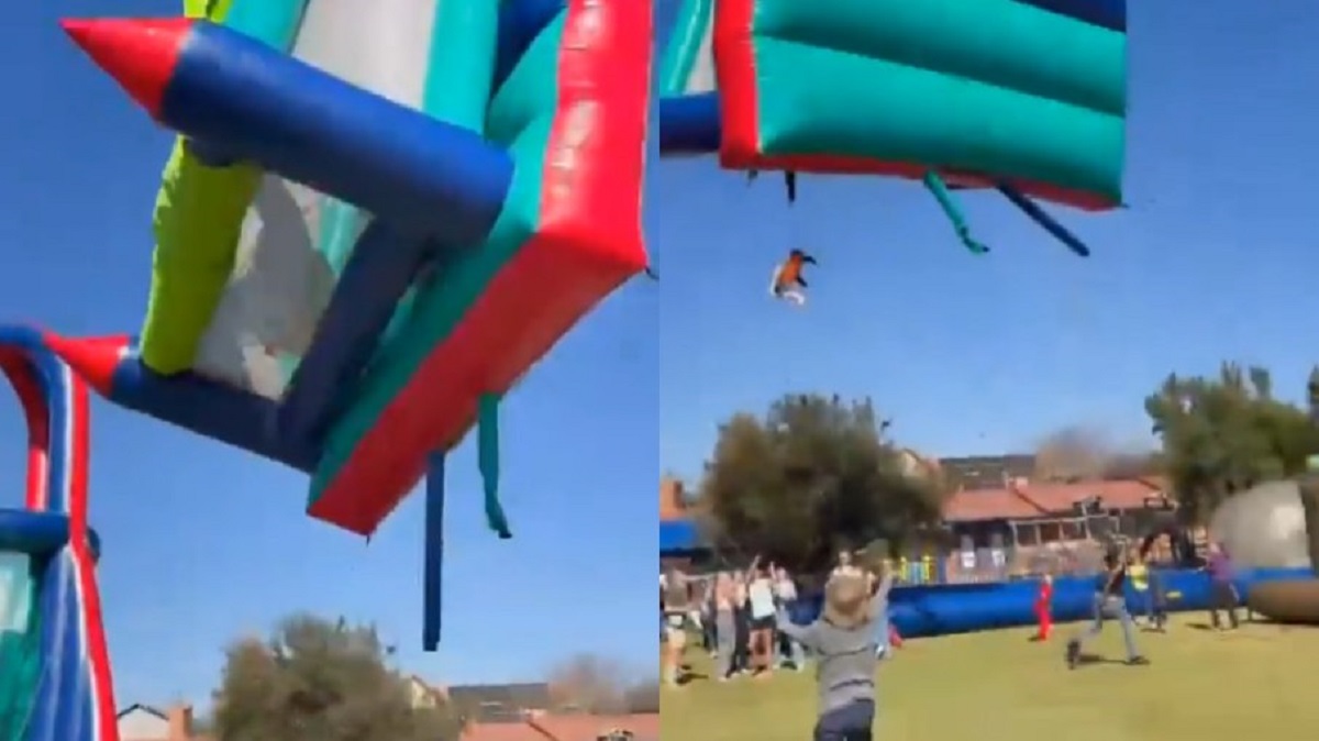 Perigo! Crianças são arremessadas de castelo inflável em festa escolar